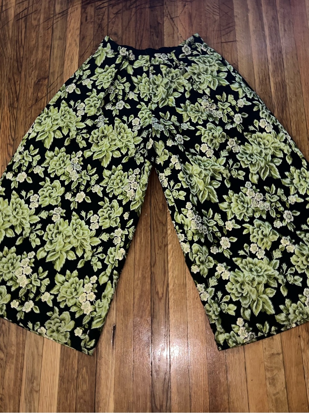 AKIRA Black Wide Leg Floral Trousers with Lime Green Flowers